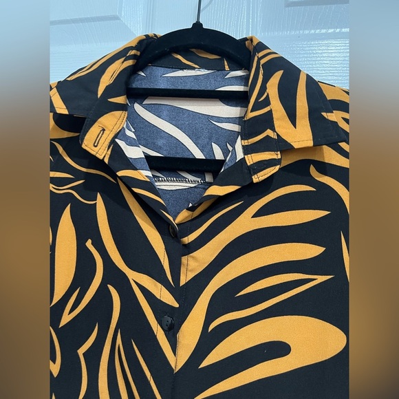 Women’s Button-up Polo Dress Black and Yellow Printed Collared Ruffle Fall Large - Picture 6 of 8
